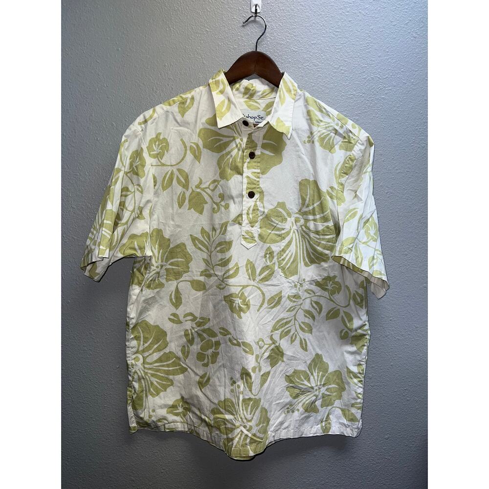 Bishop Street Hawaiian Shirt Button Up Short Sleeve Green White Tee XL VTG